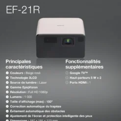 Projecteurs<Epson EF-21G, Mini projecteur laser, 1 000 lumens, Affichage jusqu’à 150 pouces, Google TV™ et haut-parleur Bluetooth, Portable