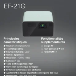 Projecteurs<Epson EF-21G, Mini projecteur laser, 1 000 lumens, Affichage jusqu’à 150 pouces, Google TV™ et haut-parleur Bluetooth, Portable