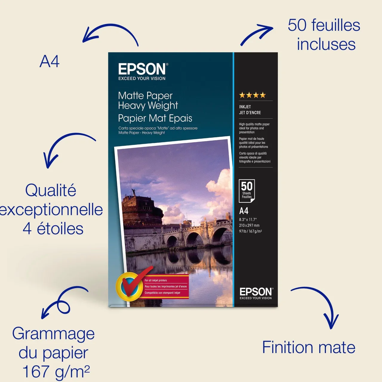 Papier<Epson A4 Matte Paper 167gsm, 50 sheets