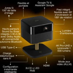 Projecteurs<Epson Lifestudio Flex Édition spéciale luxe — EF-73 Noir profond, Projecteur intelligent portable, Sound by Bose, Google TV, 4K Pro UHD, Chargement sans fil, Usage intérieur/extérieur, Garantie 5 ans*