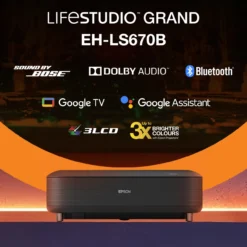 Projecteurs|Dernières Offres<Epson  Lifestudio Grand EH-LS670B Noir métallisé, Projecteur laser intelligent à ultracourte focale, 4K PRO UHD, Sound by Bose, Google TV, taille d’image jusqu’à 120 pouces (305 cm), garantie de cinq ans*