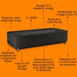 Projecteurs|Dernières Offres<Epson Lifestudio Grand Plus EH-LS970B, noir métallique, projecteur laser intelligent à ultracourte focale, résolution home cinéma 4K, Sound by Bose, Google TV
