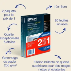Papier<Epson Premium Glossy Photo Paper (100 x 150mm), 255gsm, 80 sheets