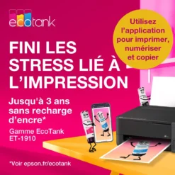 Imprimantes<Epson Imprimante A4 Wi-Fi et AirPrint EcoTank ET-1910 équipée de réservoirs d’encre, avec jusqu’à 3 ans d’encre inclus