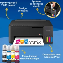 Imprimantes<Epson Imprimante A4 Wi-Fi et AirPrint EcoTank ET-1910 équipée de réservoirs d’encre, avec jusqu’à 3 ans d’encre inclus