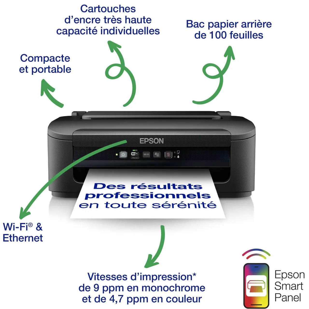 Imprimantes<Epson Imprimante Jet d’Encre A4 WorkForce WF-2110W avec connexion Wi-Fi et Ethernet
