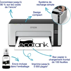 Imprimantes<Epson Imprimante monochrome A4 EcoTank ET-M1120 avec réservoir d’encre et Wi-Fi