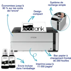 Imprimantes<Epson Imprimante monochrome A4 EcoTank ET-M1170 avec réservoir d’encre et Wi-Fi