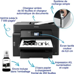 Imprimantes<Epson Imprimante multifonction A3 EcoTank monochrome ET-M16600 avec Wi-Fi, réservoir d’encre, scanner et copie
