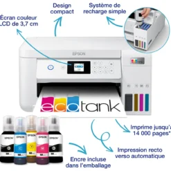Imprimantes<Epson Imprimante multifonction A4 Wi-Fi EcoTank ET-2856 équipée de réservoirs d’encre, avec jusqu’à 3 ans d’encre inclus