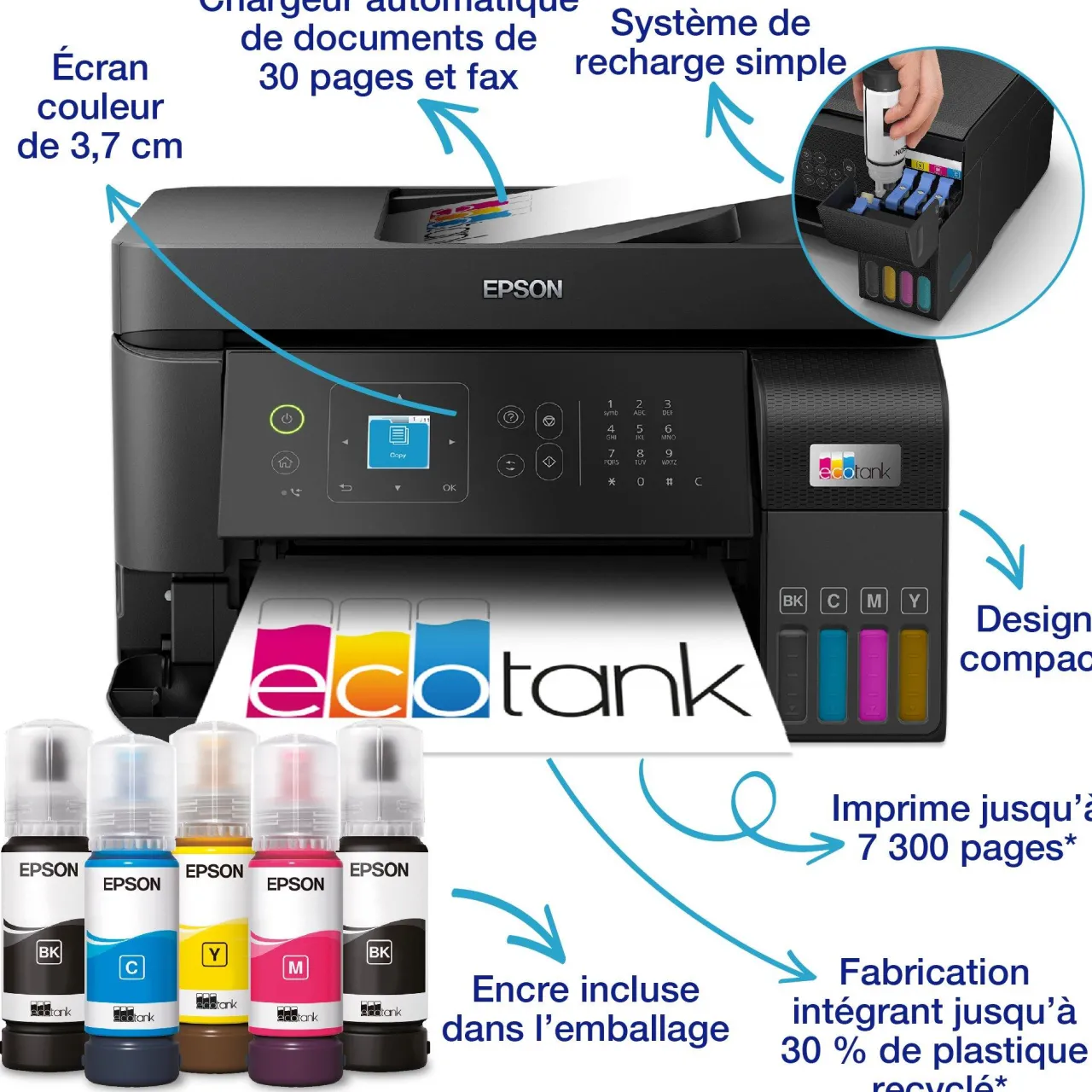 Imprimantes<Epson Imprimante multifonction A4 Wi-Fi EcoTank ET-4810 équipée de réservoirs d’encre, avec jusqu’à 3 ans d’encre inclus