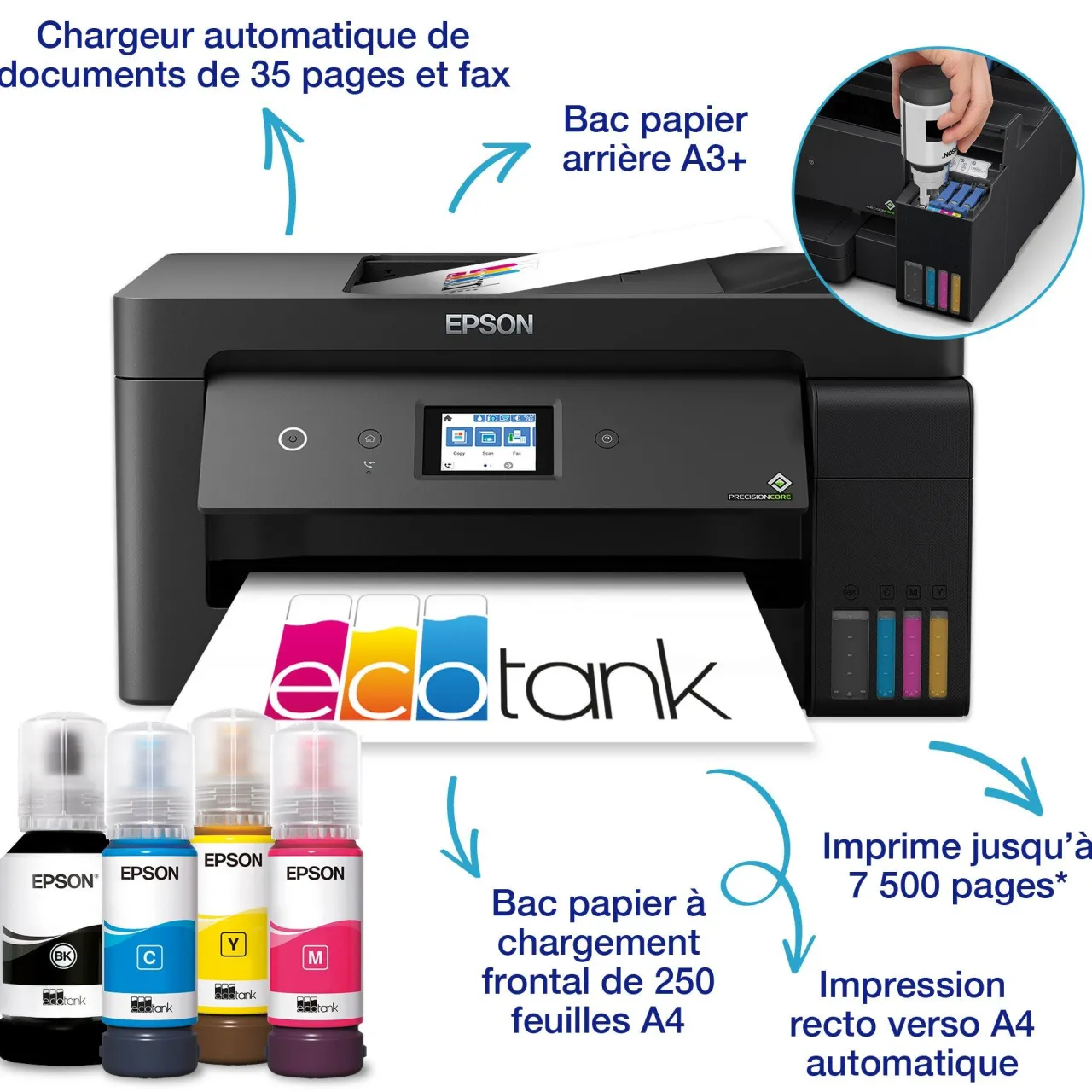 Imprimantes<Epson Imprimante multifonction A3+ Wi-Fi EcoTank ET-15000 équipée de réservoirs d’encre, avec jusqu’à 3 ans d’encre inclus