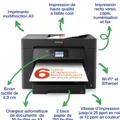 Imprimantes<Epson Imprimante multifonction Jet d’Encre A3 WorkForce WF-7830DTWF et 3 mois d’approvisionnement en encre offerts avec l’abonnement ReadyPrint*
