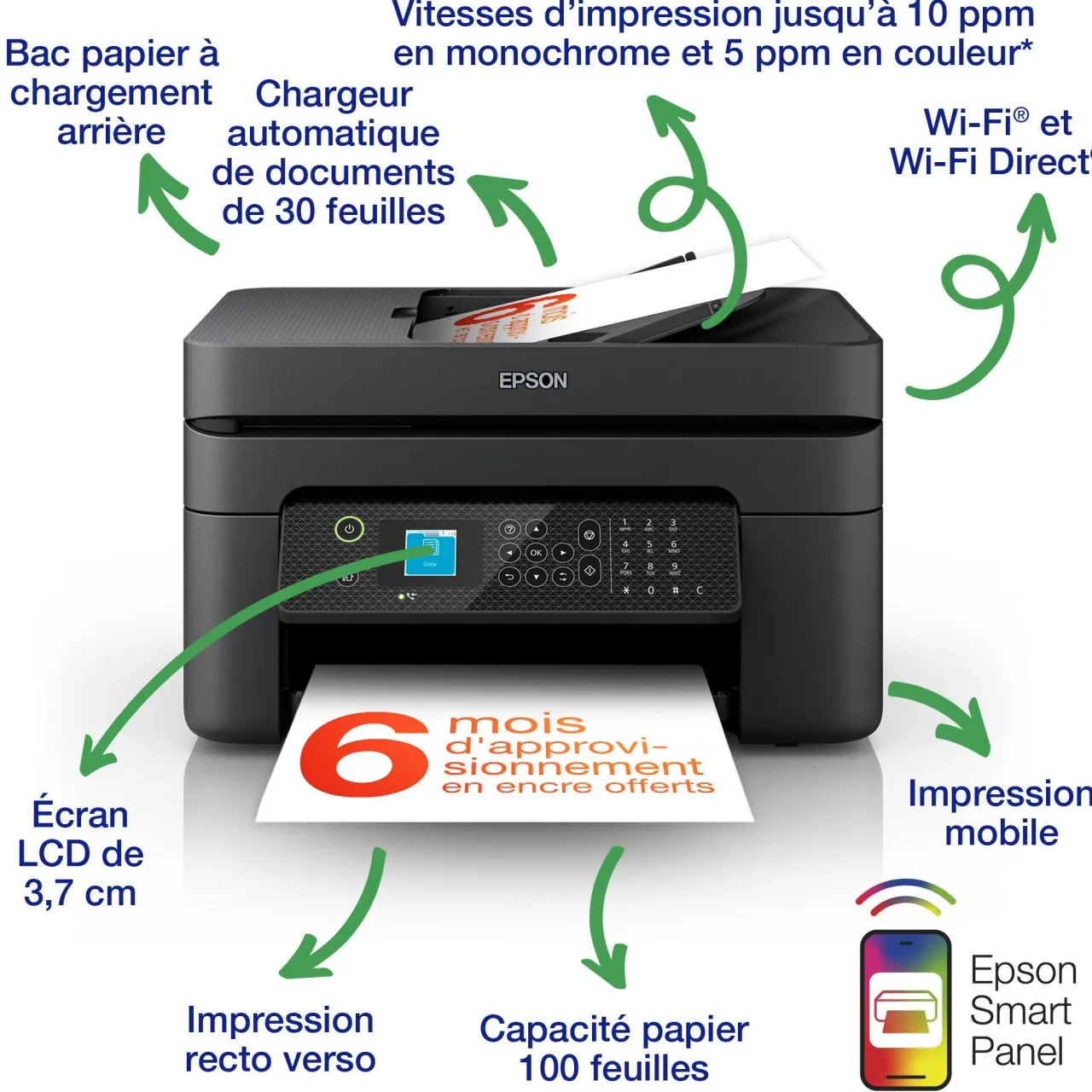 Imprimantes<Epson Imprimante multifonction Jet d’Encre A4 WorkForce WF-2930DWF