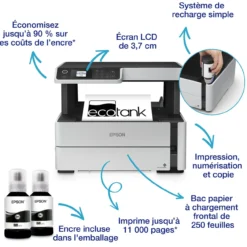 Imprimantes<Epson Imprimante multifonction monochrome A4 EcoTank ET-M2170 avec réservoir d’encre et Wi-Fi