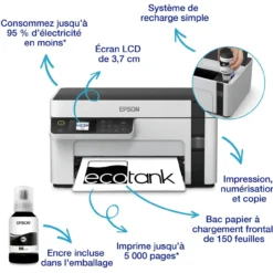 Imprimantes<Epson Imprimante multifonction monochrome A4 EcoTank ET-M2120 avec réservoir d’encre et Wi-Fi