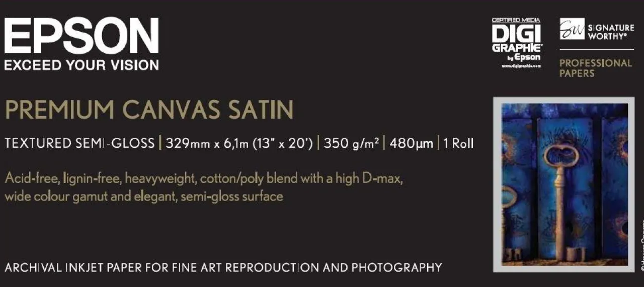 Papier<Epson Premium Canvas Satin Roll, 13" x 6,1 m, 350g/m²