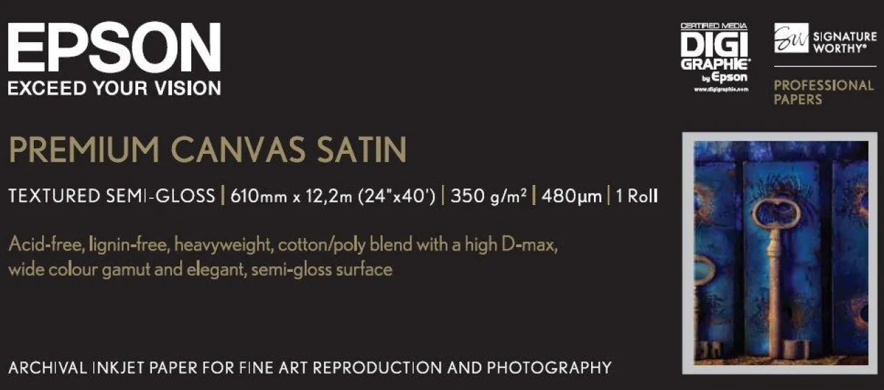 Papier<Epson Premium Canvas Satin Roll, 24" x 12,2 m, 350g/m2