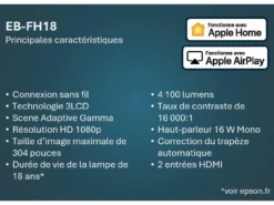 Projecteurs<Epson Projecteur à lampe Full HD EB-FH18, Apple AirPlay 2, Wi-Fi, 2 ports HDMI, 4 100 lumens, grande taille d’image jusqu’à 304 pouces (7,72 m)