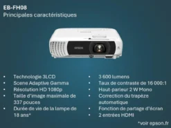 Projecteurs|Dernières Offres<Epson Projecteur à lampe Full HD EB-FH08, 2 ports HDMI, 3 600 lumens, grande taille d’image jusqu’à 337 pouces (8,56 m)