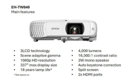 Projecteurs|Dernières Offres<Epson Projecteur à lampe Full HD EH-TW840, 2 ports HDMI, 4 000 lumens, grande taille d’image jusqu’à 337 pouces (8,56 m)