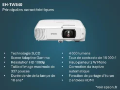 Projecteurs|Dernières Offres<Epson Projecteur à lampe Full HD EH-TW840, 2 ports HDMI, 4 000 lumens, grande taille d’image jusqu’à 337 pouces (8,56 m)