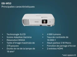 Projecteurs|Dernières Offres<Epson Projecteur à lampe WXGA EB-W53, 2 ports HDMI, 4 000 lumens, grande taille d’image jusqu’à 375 pouces (9,52 m)
