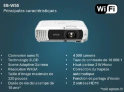 Projecteurs<Epson Projecteur à lampe WXGA EB-W55, Wi-Fi intégré, 2 ports HDMI, 4 000 lumens, grande taille d’image jusqu’à 320 pouces (8,13 m)