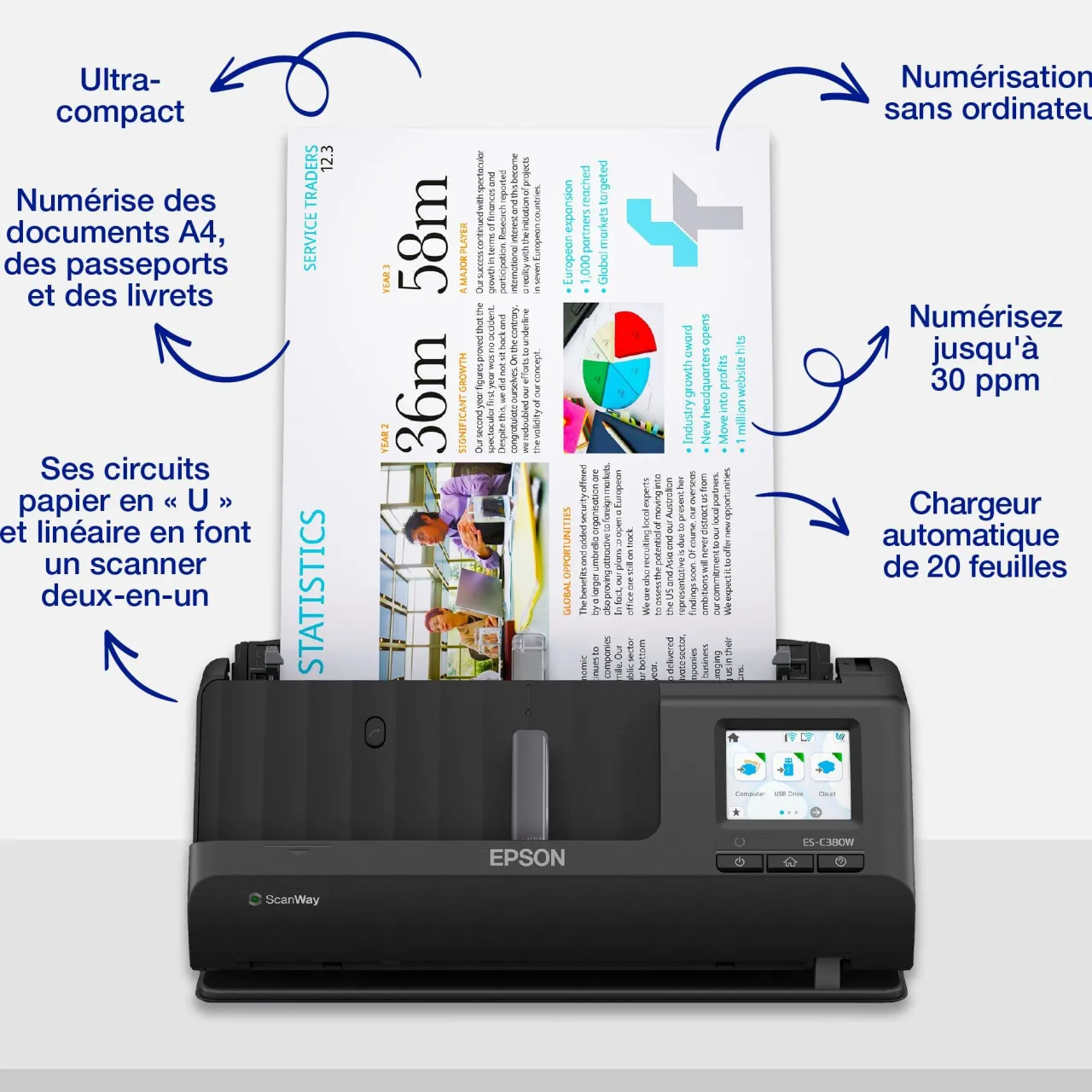 Scanners<Epson Scanner de documents A4 compact ES-C380W avec connexion Wi-Fi et chemin de numérisation en « U »