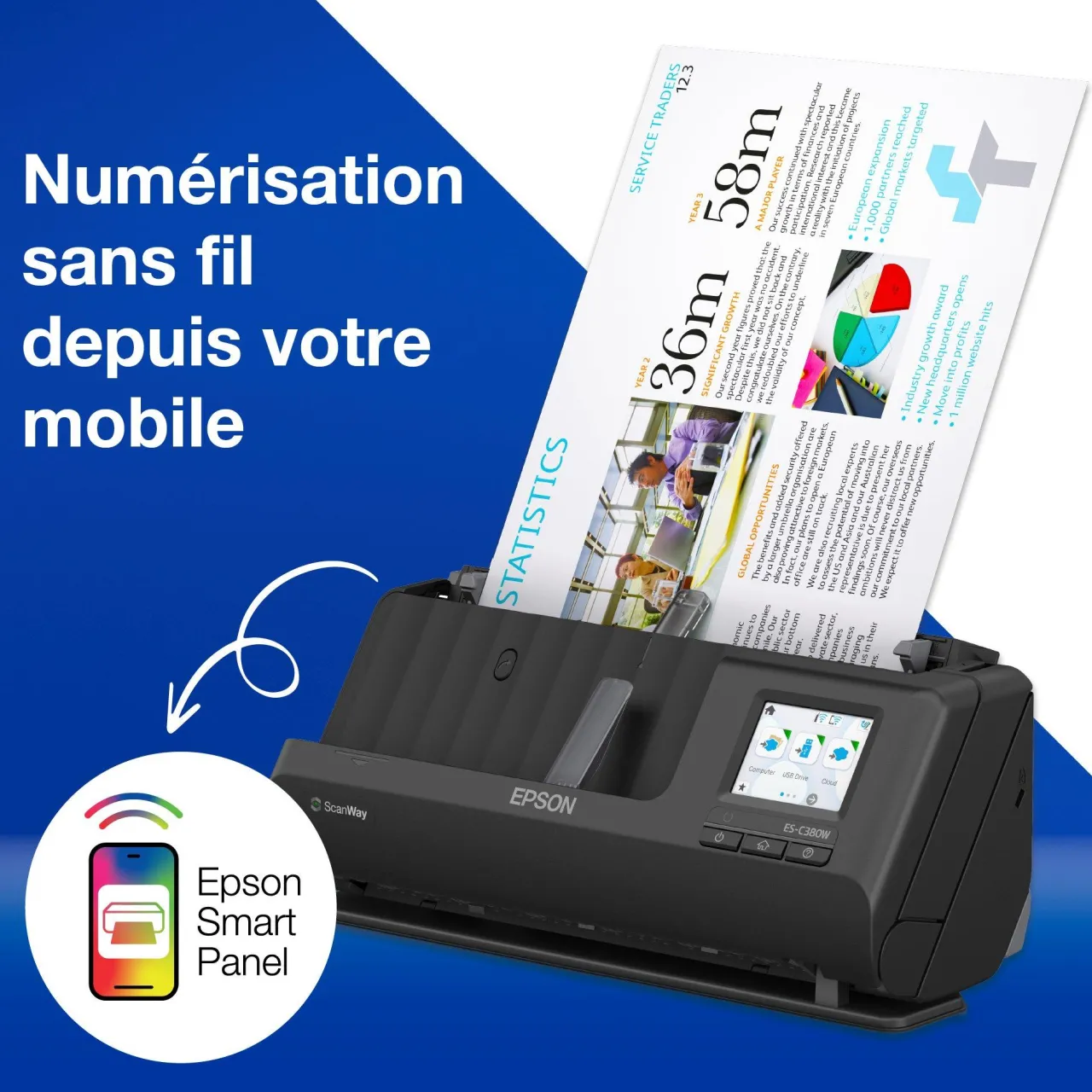 Scanners<Epson Scanner de documents A4 compact ES-C380W avec connexion Wi-Fi et chemin de numérisation en « U »