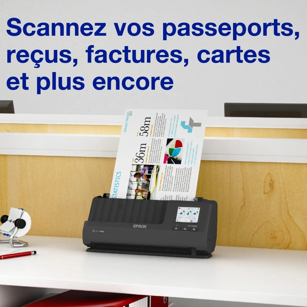 Scanners<Epson Scanner de documents A4 compact ES-C380W avec connexion Wi-Fi et chemin de numérisation en « U »
