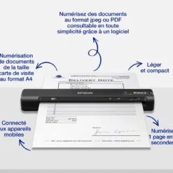 Scanners<Epson Scanner mobile A4 rapide WorkForce ES-60W avec connexion Wi-Fi, technologie ScanSmart et écran LCD