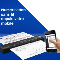 Scanners<Epson Scanner mobile A4 rapide WorkForce ES-60W avec connexion Wi-Fi, technologie ScanSmart et écran LCD