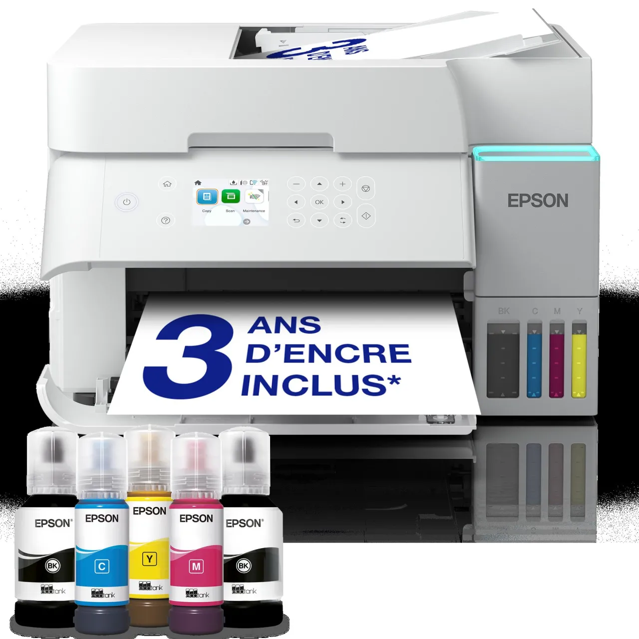 Imprimantes<Epson Solution d’impression A4 blanche EcoTank ET-3956 équipée d’une connexion Wi-Fi et de réservoirs d’encre, avec jusqu’à 3 ans d’encre inclus