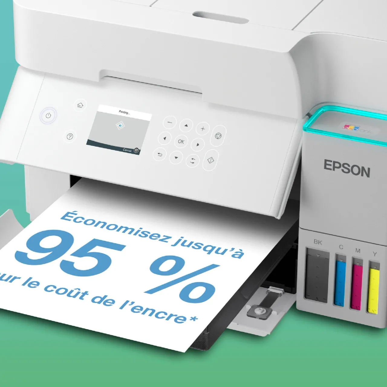 Imprimantes<Epson Solution d’impression A4 blanche EcoTank ET-3956 équipée d’une connexion Wi-Fi et de réservoirs d’encre, avec jusqu’à 3 ans d’encre inclus
