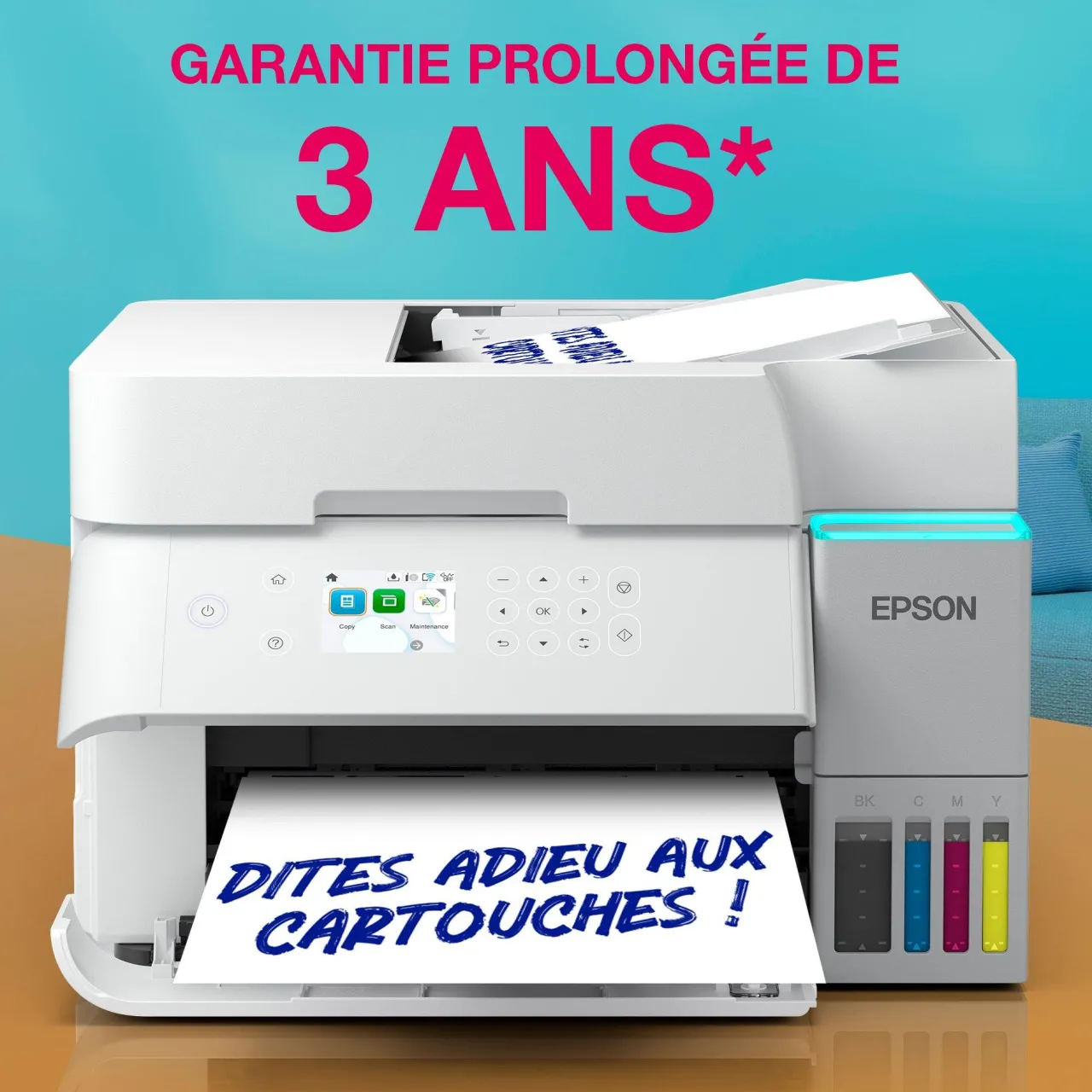 Imprimantes<Epson Solution d’impression A4 blanche EcoTank ET-3956 équipée d’une connexion Wi-Fi et de réservoirs d’encre, avec jusqu’à 3 ans d’encre inclus