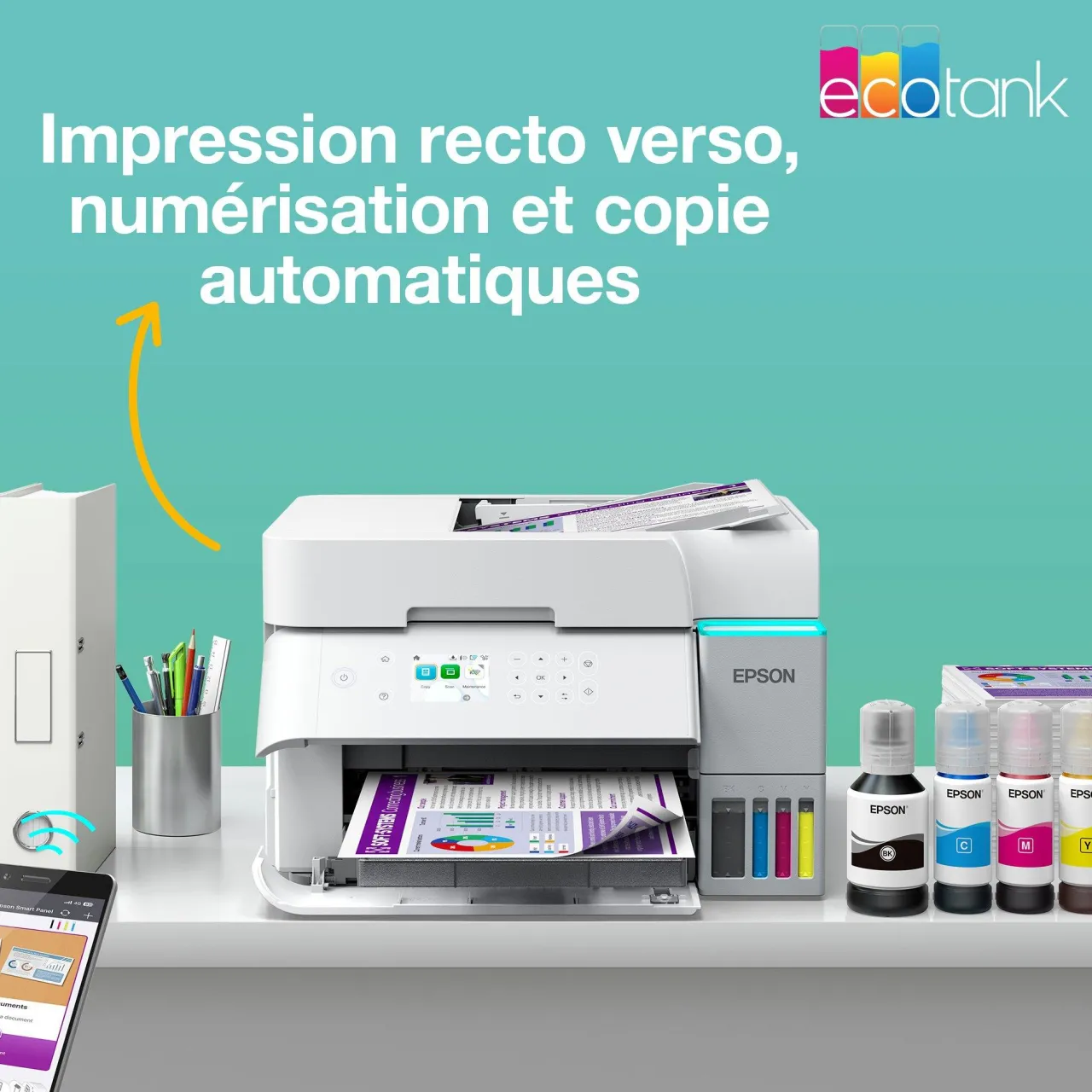Imprimantes<Epson Solution d’impression A4 blanche EcoTank ET-3956 équipée d’une connexion Wi-Fi et de réservoirs d’encre, avec jusqu’à 3 ans d’encre inclus