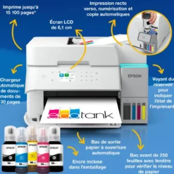 Imprimantes<Epson Solution d’impression A4 blanche EcoTank ET-3956 équipée d’une connexion Wi-Fi et de réservoirs d’encre, avec jusqu’à 3 ans d’encre inclus