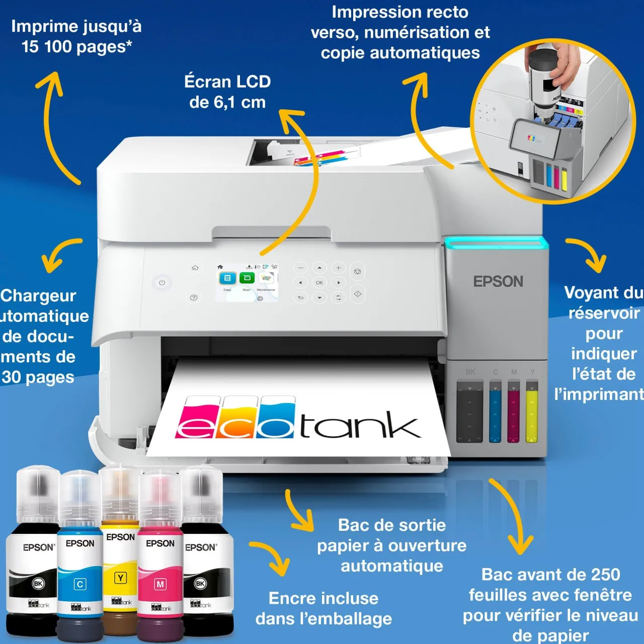 Imprimantes<Epson Solution d’impression A4 blanche EcoTank ET-3956 équipée d’une connexion Wi-Fi et de réservoirs d’encre, avec jusqu’à 3 ans d’encre inclus
