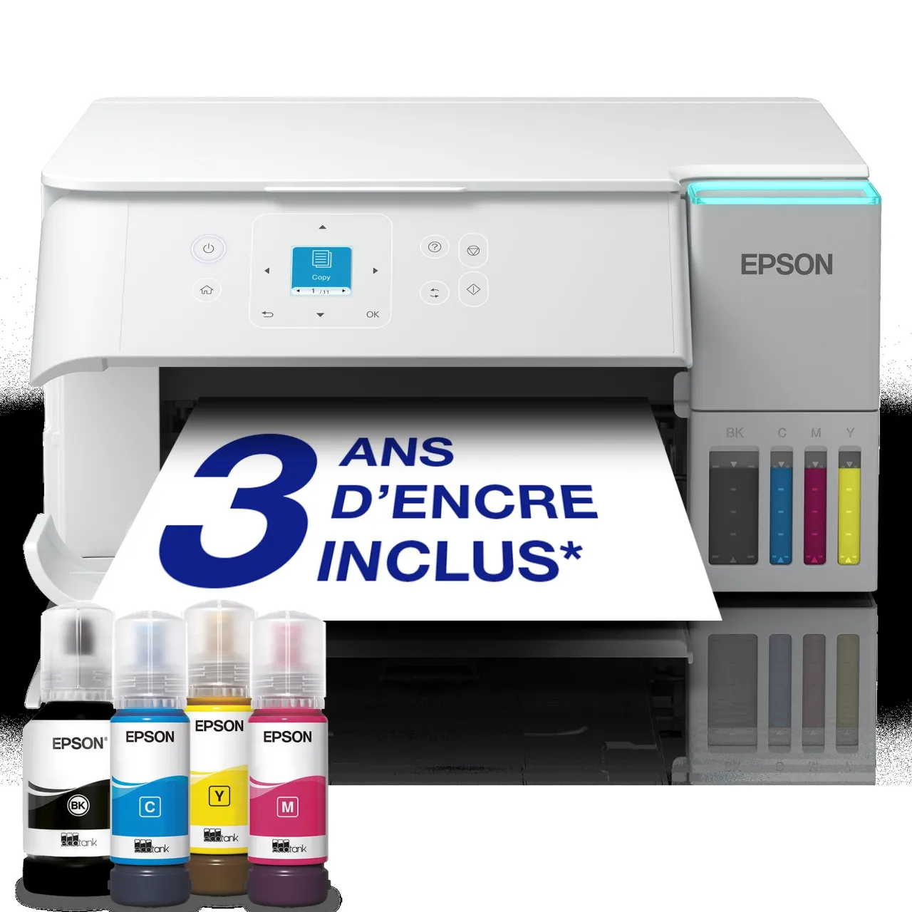 Imprimantes<Epson Solution d’impression A4 blanche EcoTank ET-2956 équipée d’une connexion Wi-Fi et de réservoirs d’encre, avec jusqu’à 3 ans d’encre inclus
