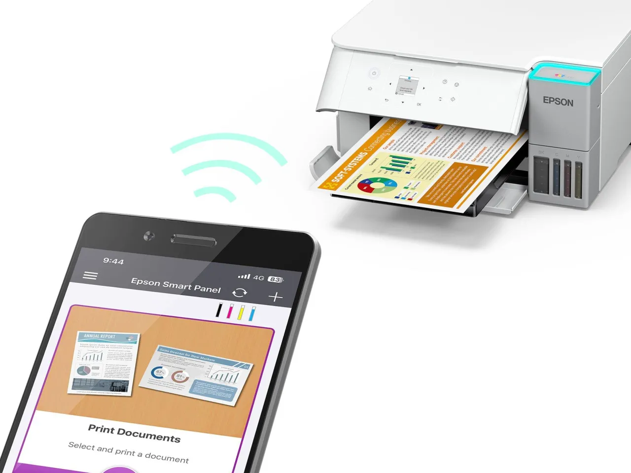 Imprimantes<Epson Solution d’impression A4 blanche EcoTank ET-2956 équipée d’une connexion Wi-Fi et de réservoirs d’encre, avec jusqu’à 3 ans d’encre inclus