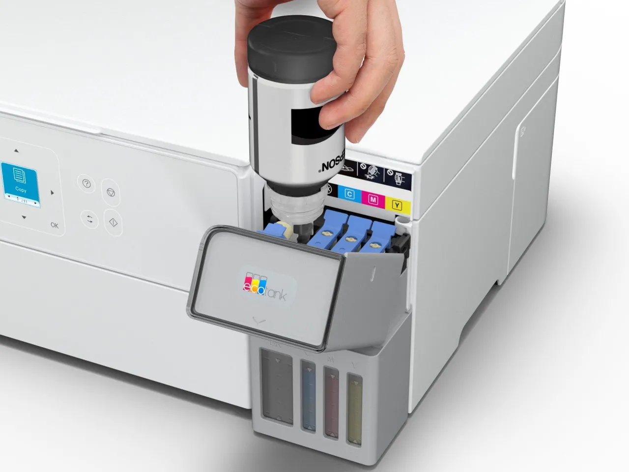 Imprimantes<Epson Solution d’impression A4 blanche EcoTank ET-2956 équipée d’une connexion Wi-Fi et de réservoirs d’encre, avec jusqu’à 3 ans d’encre inclus