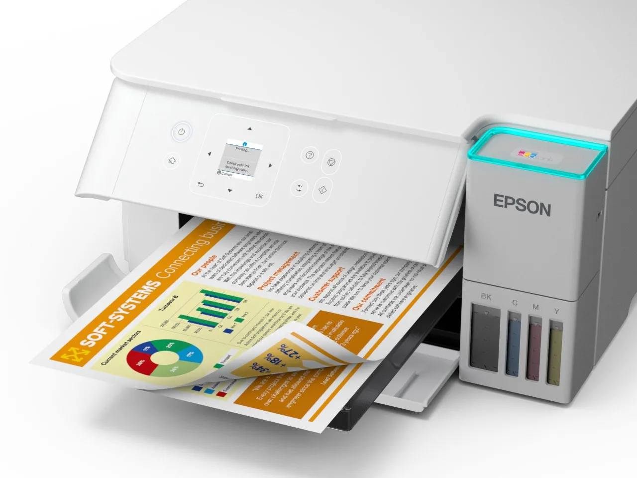 Imprimantes<Epson Solution d’impression A4 blanche EcoTank ET-2956 équipée d’une connexion Wi-Fi et de réservoirs d’encre, avec jusqu’à 3 ans d’encre inclus
