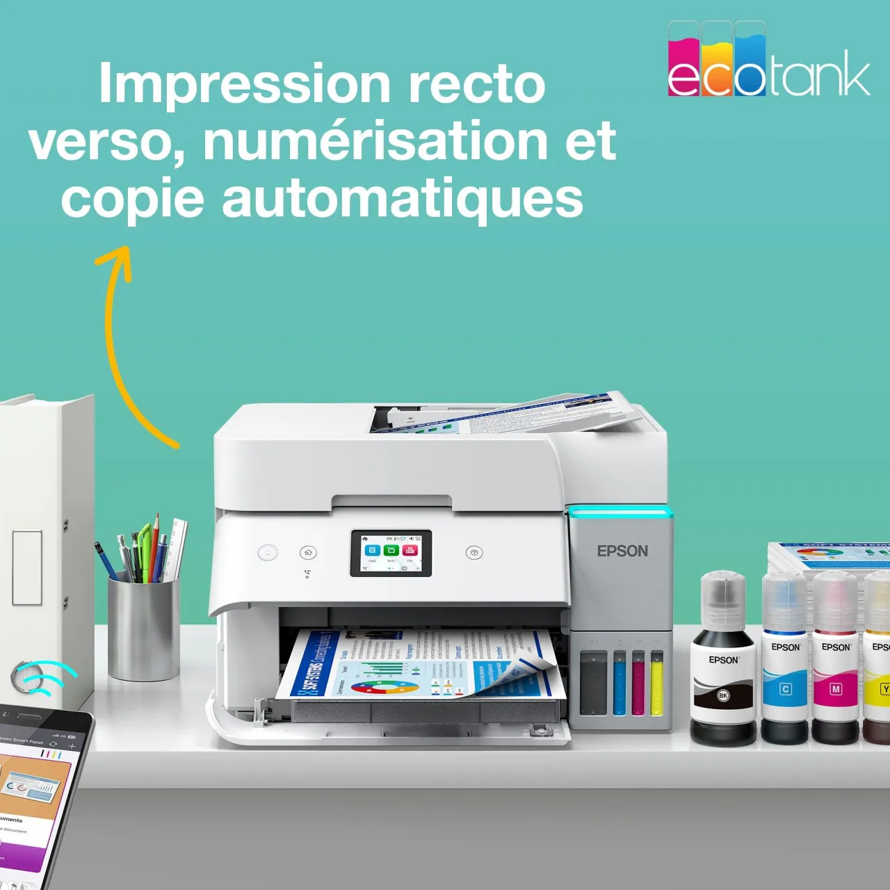 Imprimantes<Epson Solution d’impression A4 blanche EcoTank ET-4956 équipée d’une connexion Wi-Fi et de réservoirs d’encre, avec jusqu’à 3 ans d’encre inclus