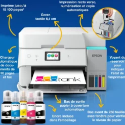 Imprimantes<Epson Solution d’impression A4 blanche EcoTank ET-4956 équipée d’une connexion Wi-Fi et de réservoirs d’encre, avec jusqu’à 3 ans d’encre inclus