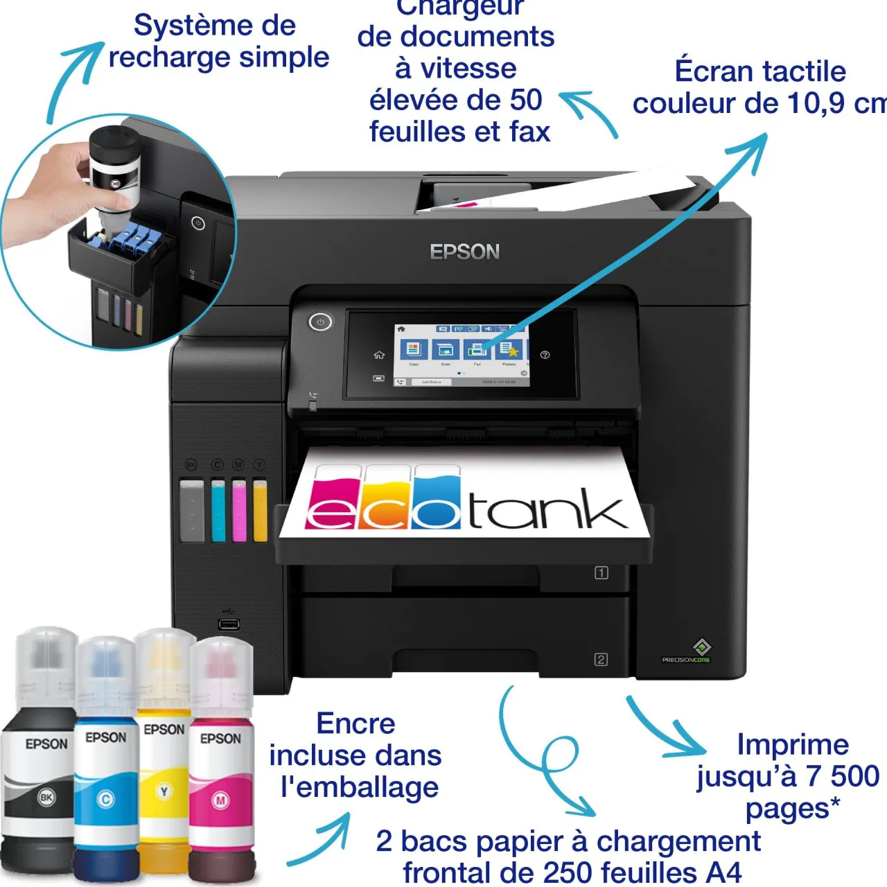 Imprimantes|Dernières Offres<Epson Solution d’impression A4 EcoTank ET-5805 avec Wi-Fi, réservoirs d’encre et fax
