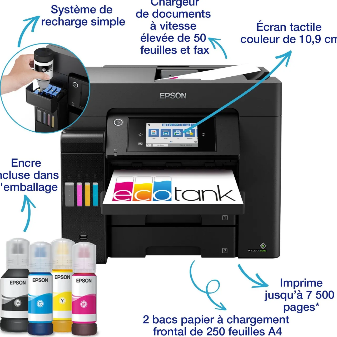 Imprimantes|Dernières Offres<Epson Solution d’impression A4 EcoTank ET-5855 avec Wi-Fi, réservoirs d’encre et fax