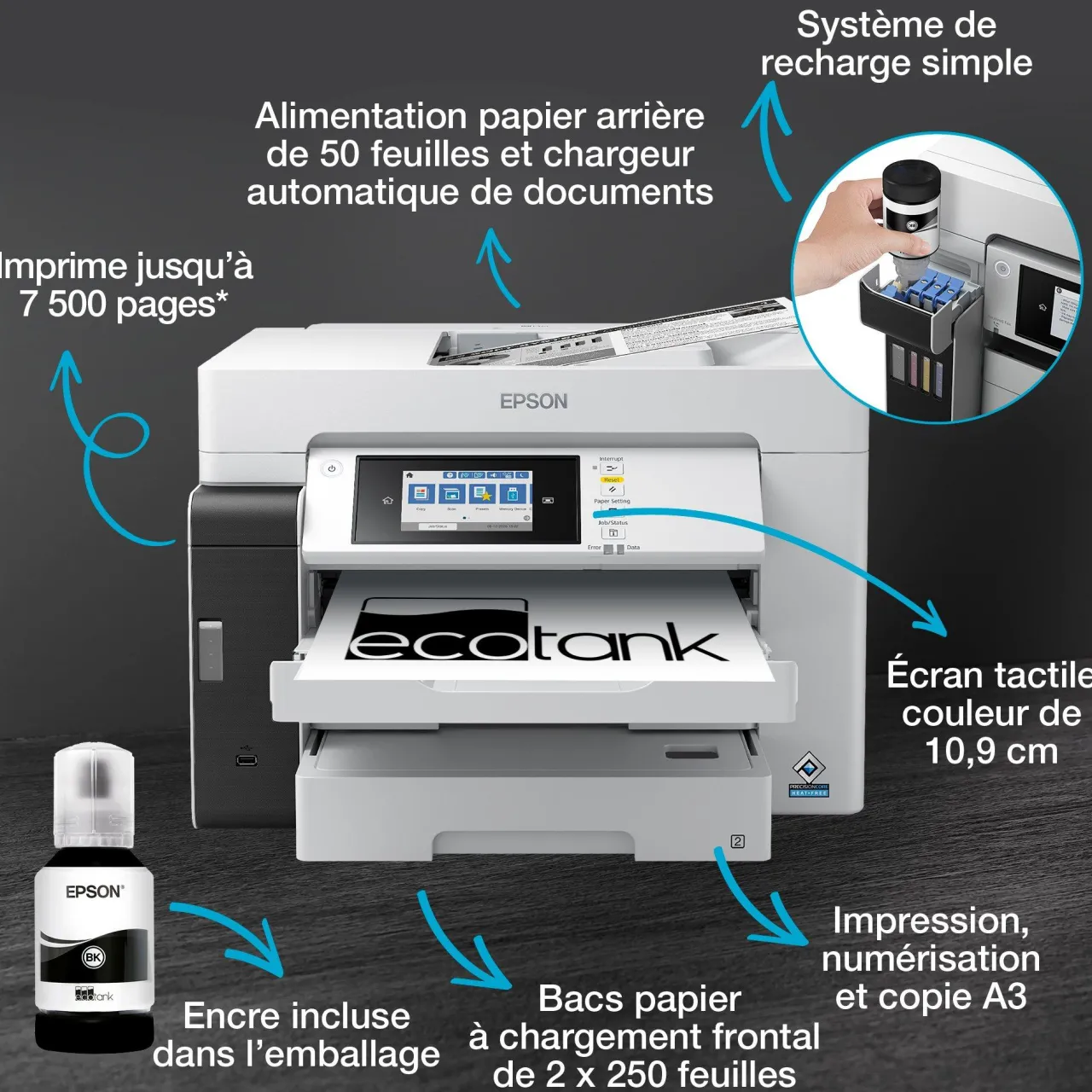 Imprimantes|Dernières Offres<Epson Solution d’impression A3+ EcoTank Pro ET-M16685 avec Wi-Fi, réservoirs d’encre et prise en charge PCL