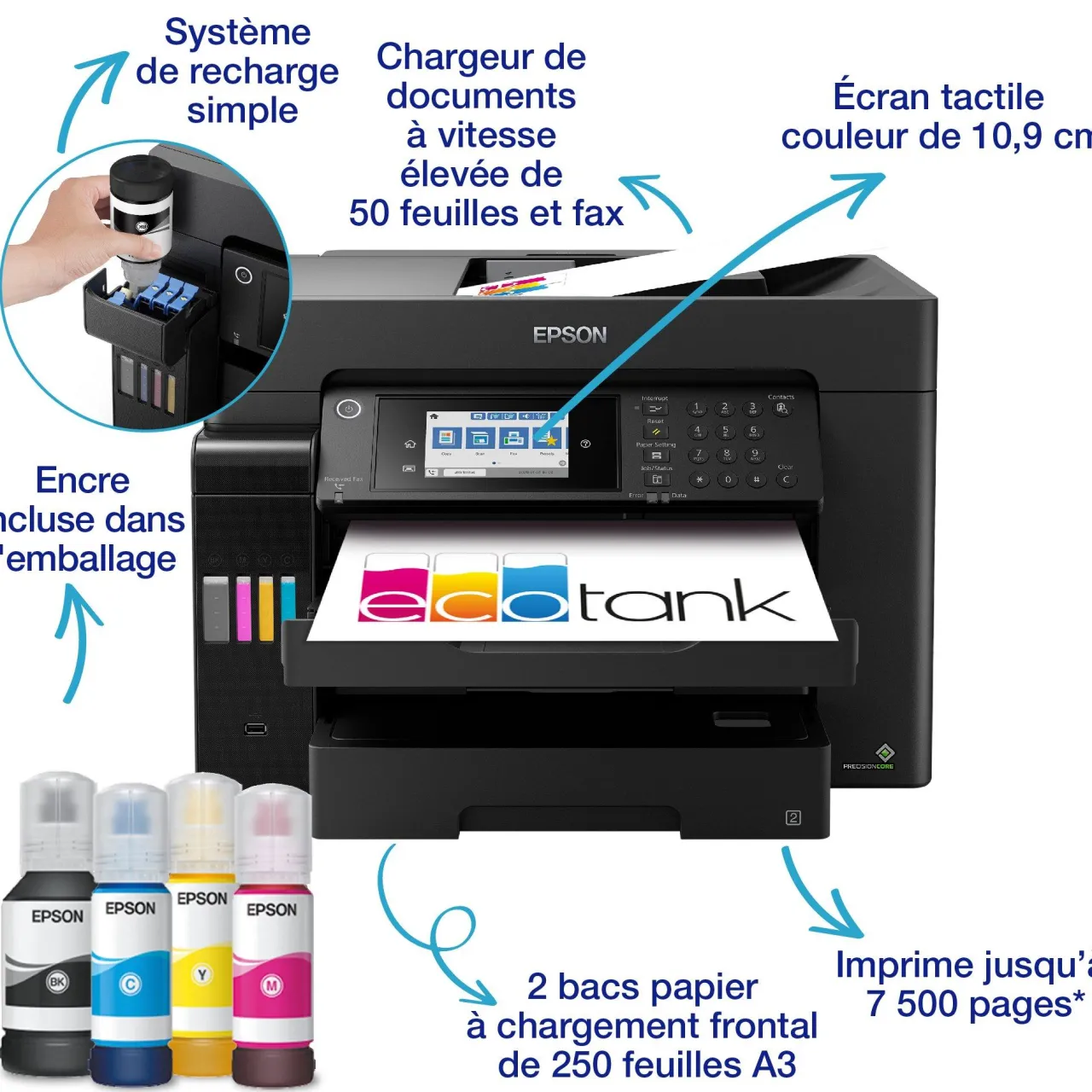 Imprimantes|Dernières Offres<Epson Solution d’impression A3+ EcoTank ET-16655 avec Wi-Fi, réservoirs d’encre et fax