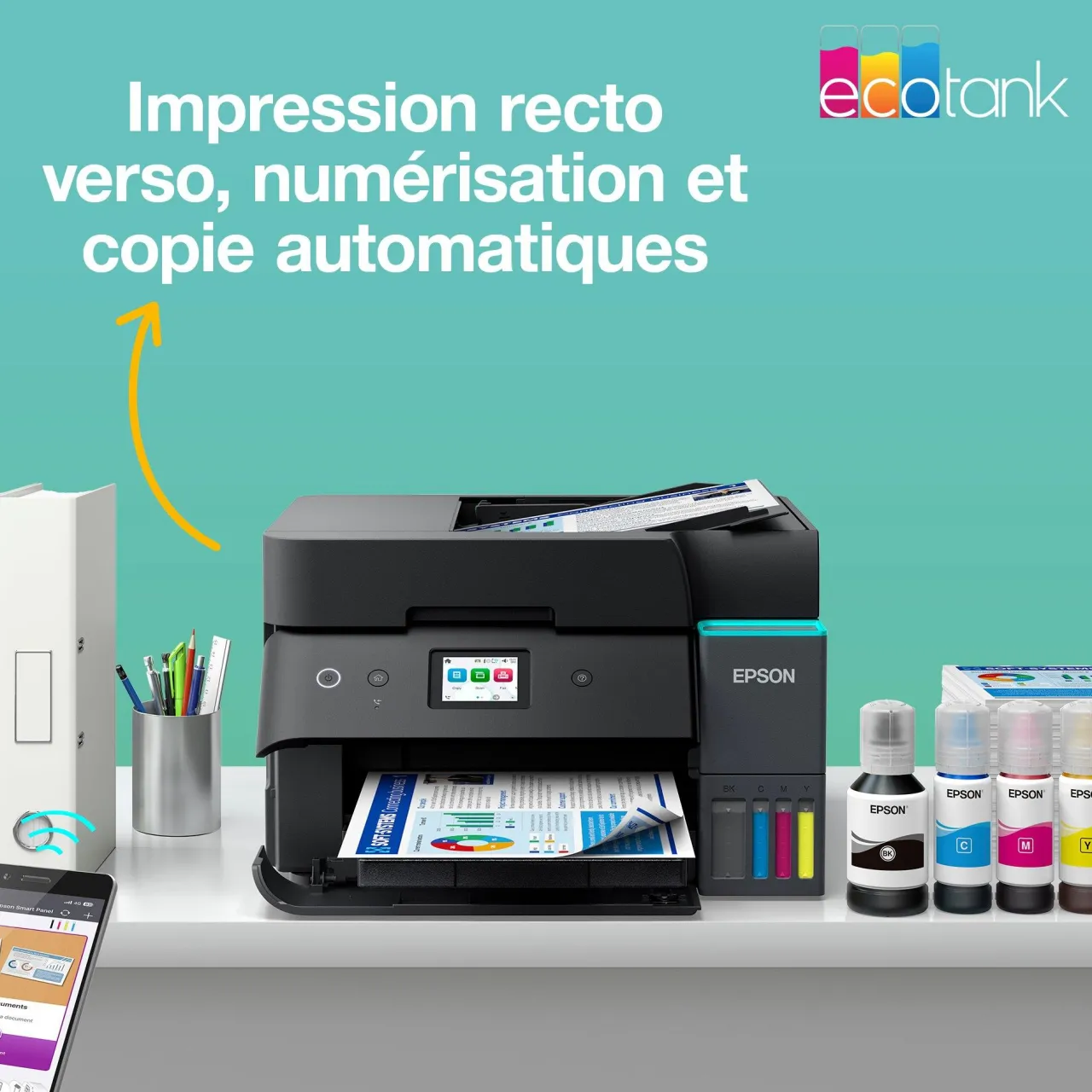 Imprimantes<Epson Solution d’impression A4 Wi-Fi EcoTank ET-4955 équipée de réservoirs d’encre, avec jusqu’à 3 ans d’encre inclus